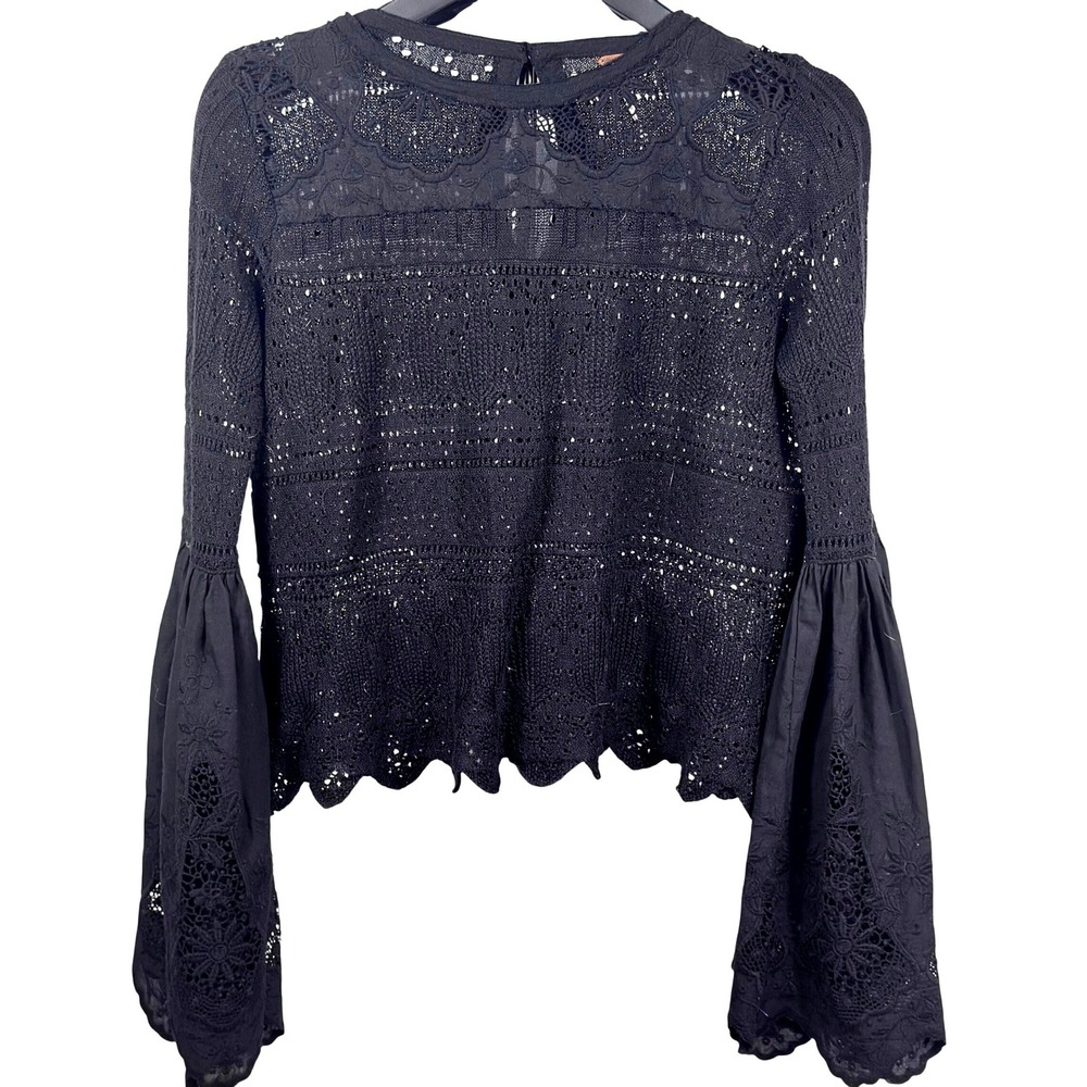 Free People Once Upon A Time Top Women's XS Black Lace Crochet Boho Bell Sleeve